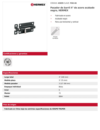 Pasador de barril 4 pulgadas de acero acabado negro