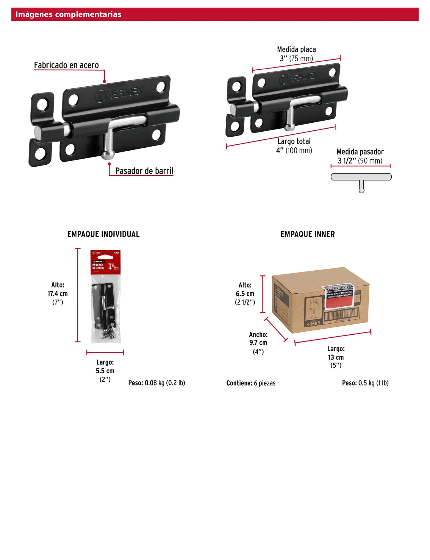 Pasador de barril 4 pulgadas de acero acabado negro