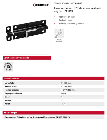 Pasador de barril 5 pulgadas de acero acabado negro