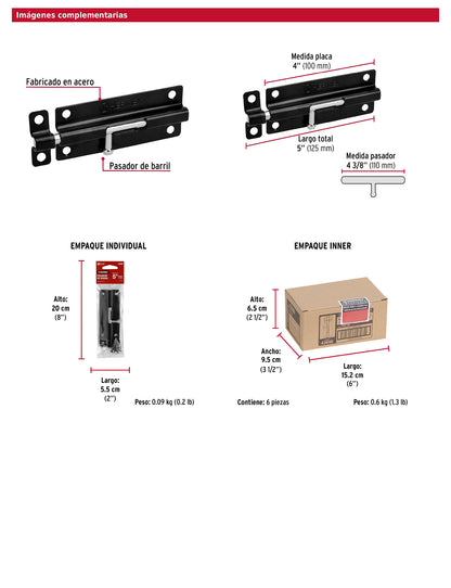 Pasador de barril 5 pulgadas de acero acabado negro