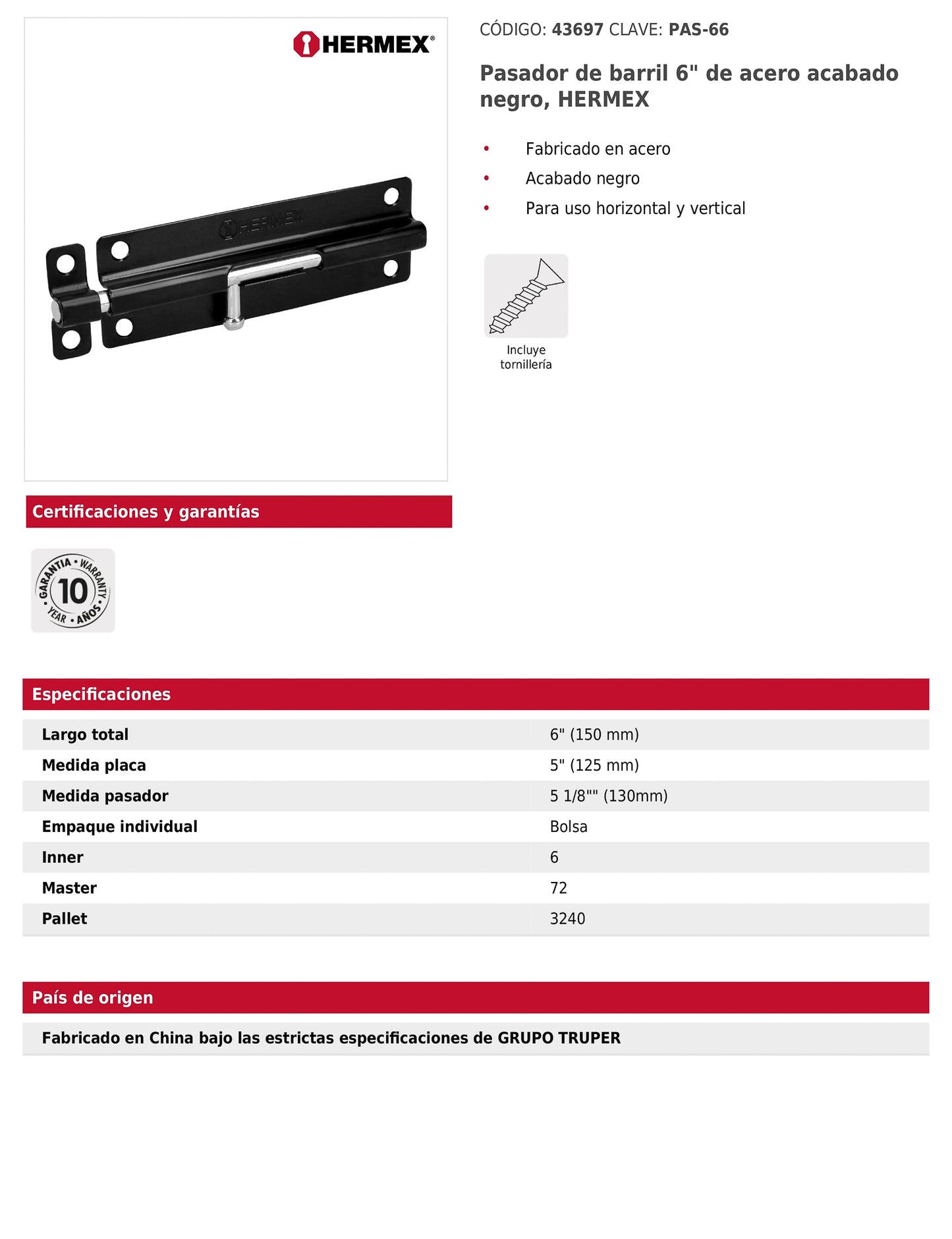 Pasador de barril 6 pulgadas de acero acabado negro