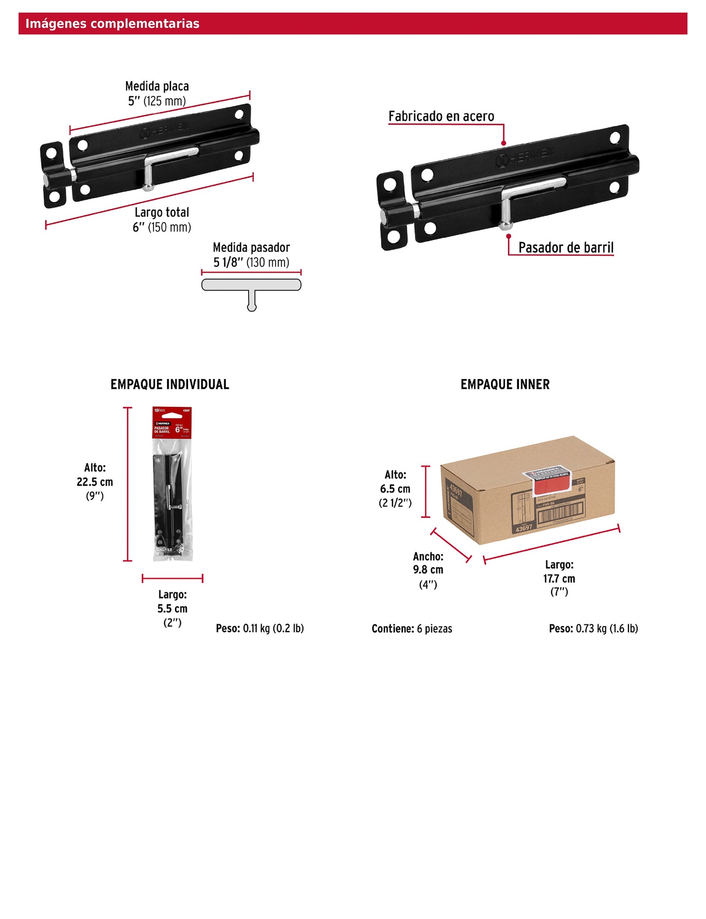Pasador de barril 6 pulgadas de acero acabado negro