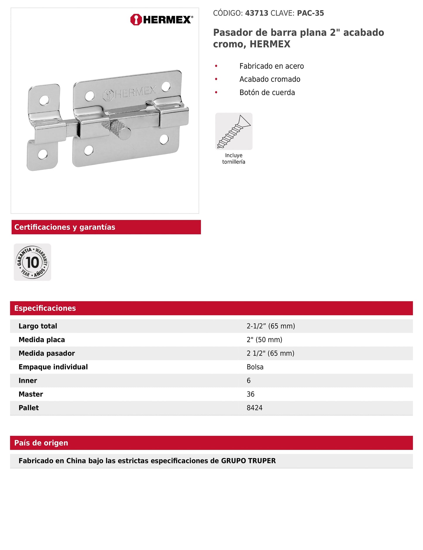 Pasador de barra plana 2 pulgadas acabado cromo