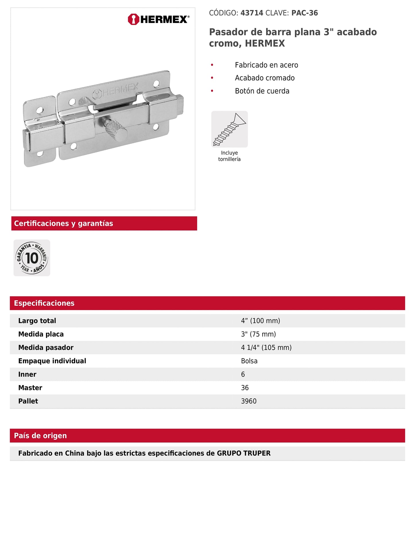 Pasador de barra plana 3 pulgadas acabado cromo