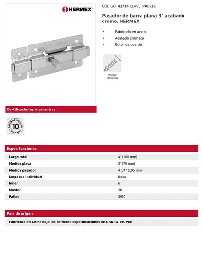 Pasador de barra plana 3 pulgadas acabado cromo