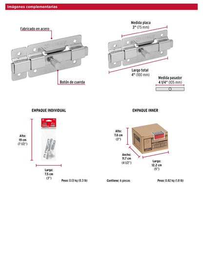 Pasador de barra plana 3 pulgadas acabado cromo