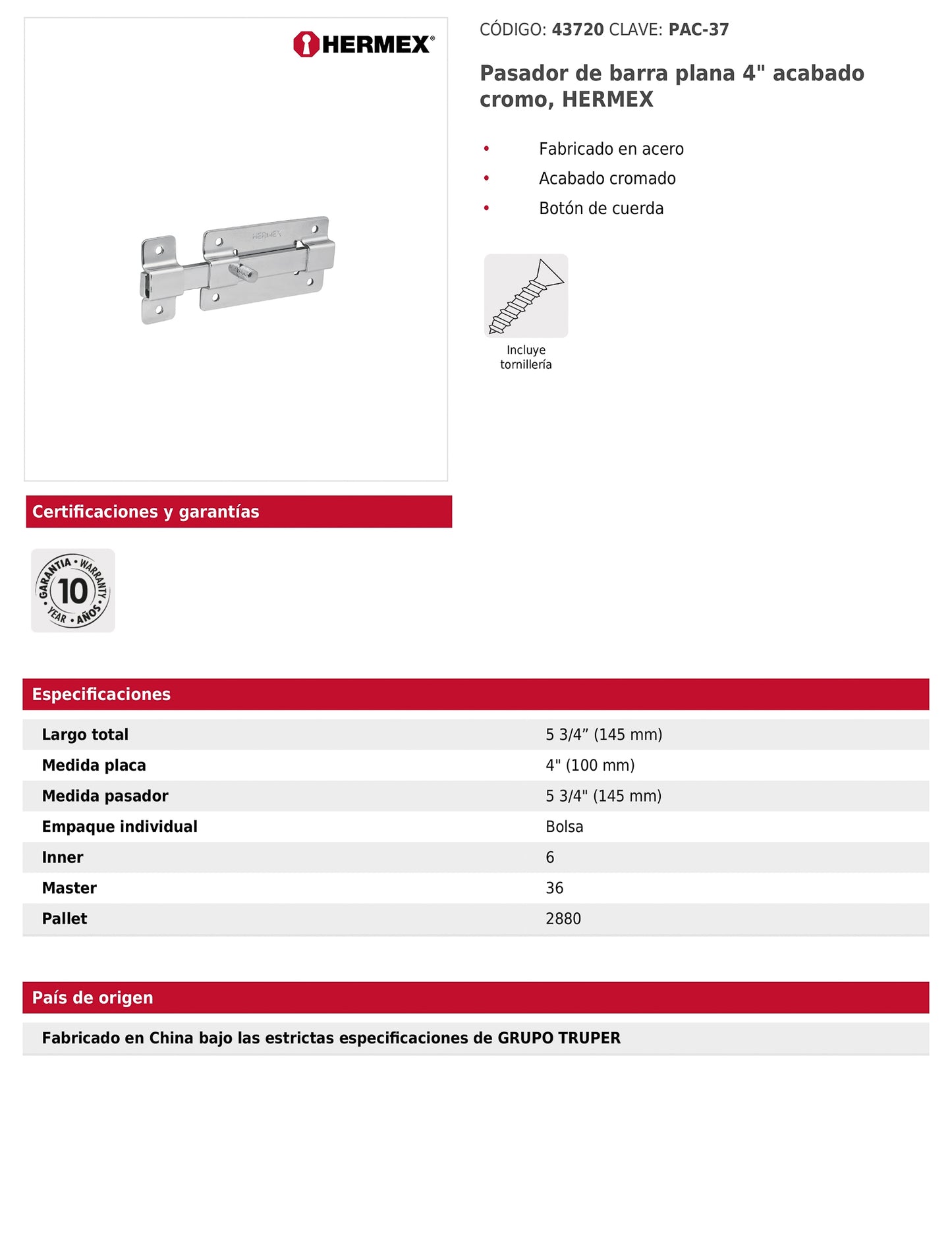 Pasador de barra plana 4 pulgadas acabado cromo