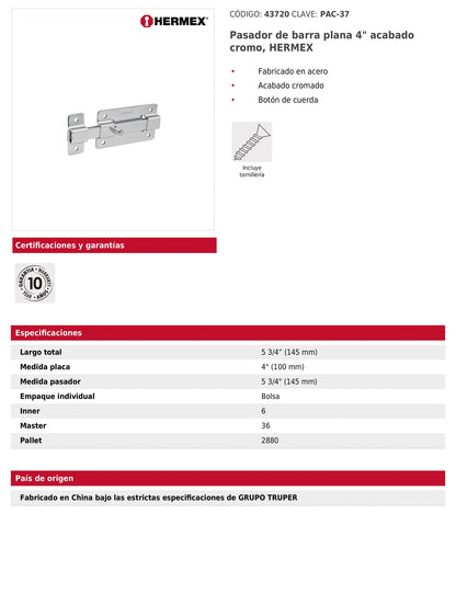 Pasador de barra plana 4 pulgadas acabado cromo