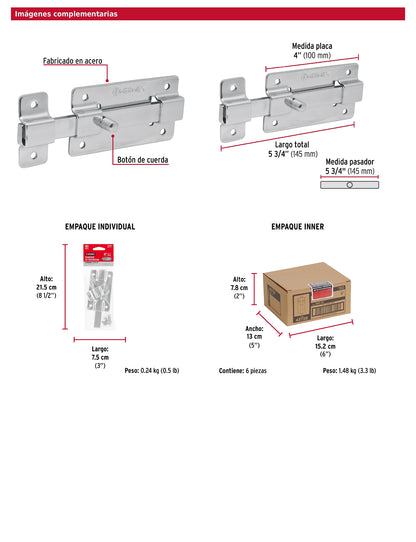 Pasador de barra plana 4 pulgadas acabado cromo