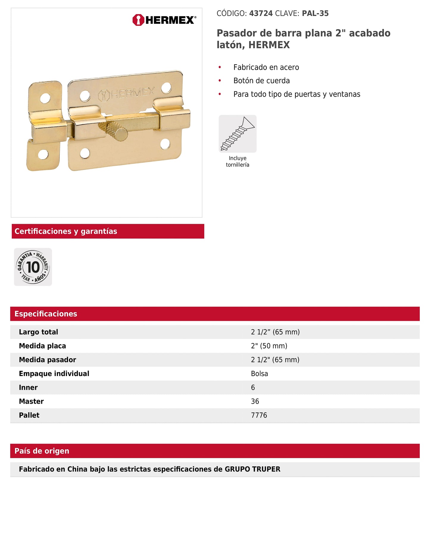 Pasador de barra plana 2 pulgadas acabado latón