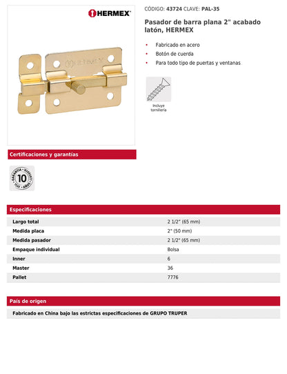 Pasador de barra plana 2 pulgadas acabado latón