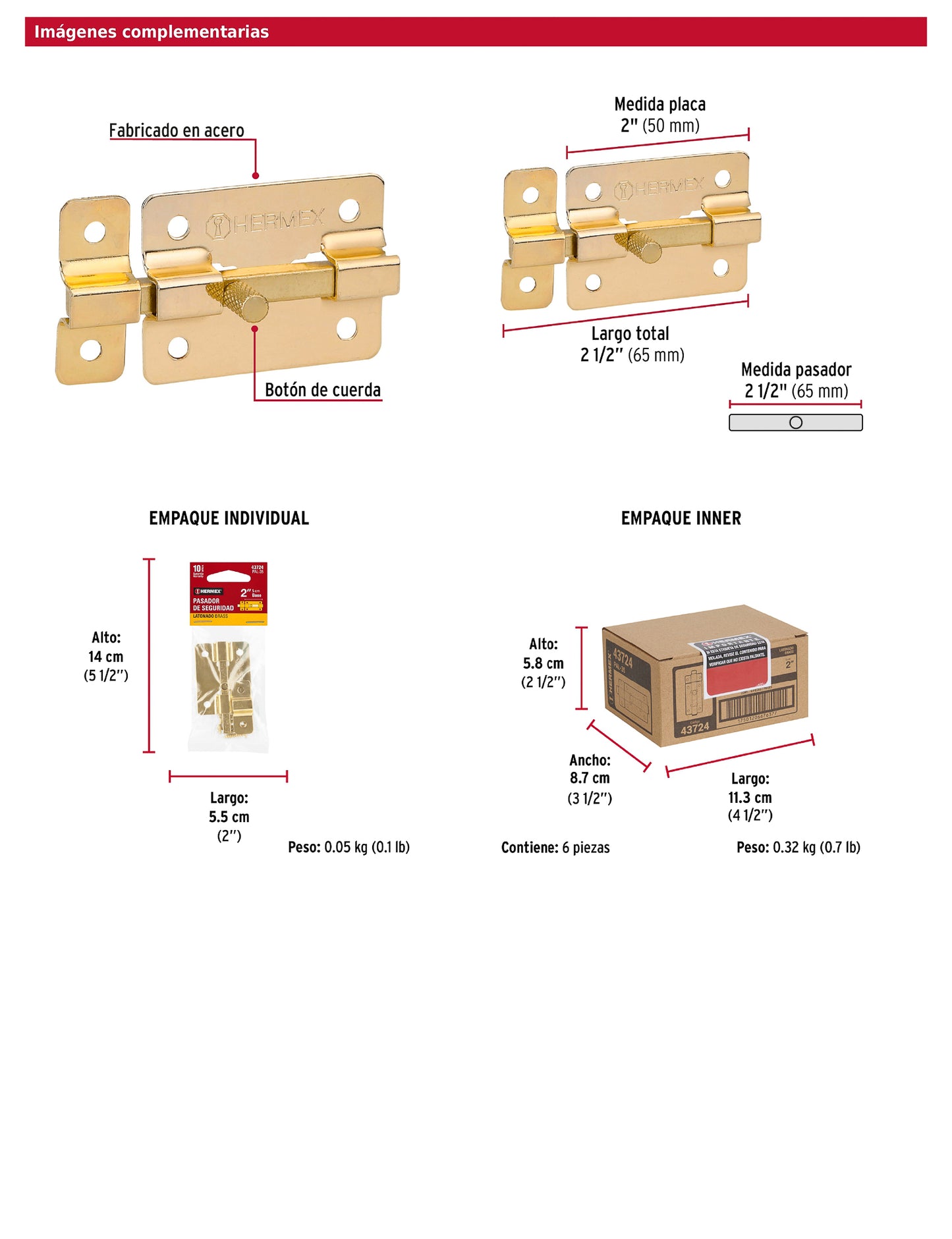 Pasador de barra plana 2 pulgadas acabado latón