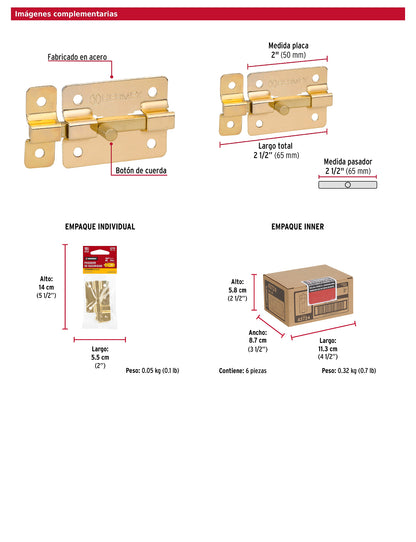 Pasador de barra plana 2 pulgadas acabado latón