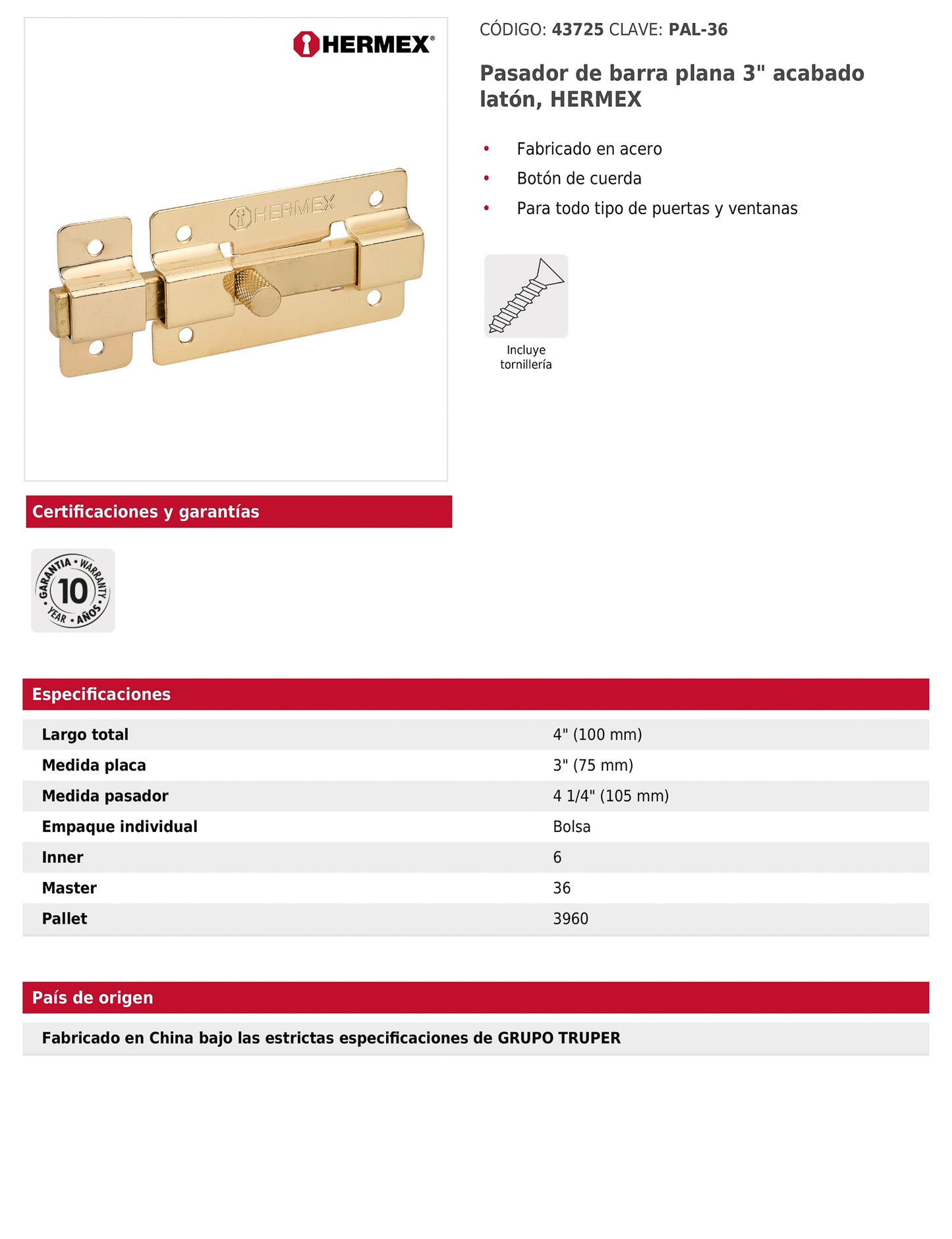 Pasador de barra plana 3 pulgadas acabado latón
