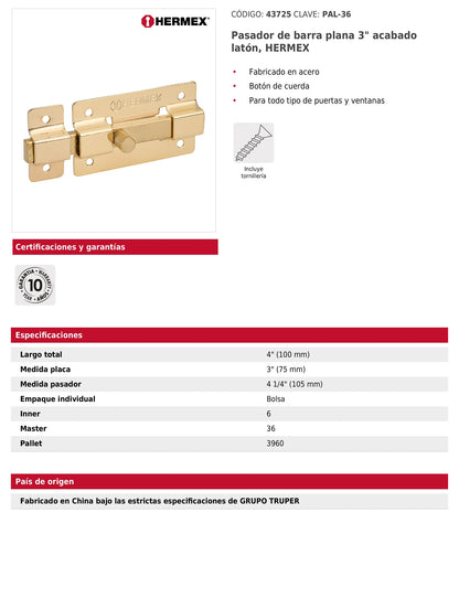 Pasador de barra plana 3 pulgadas acabado latón