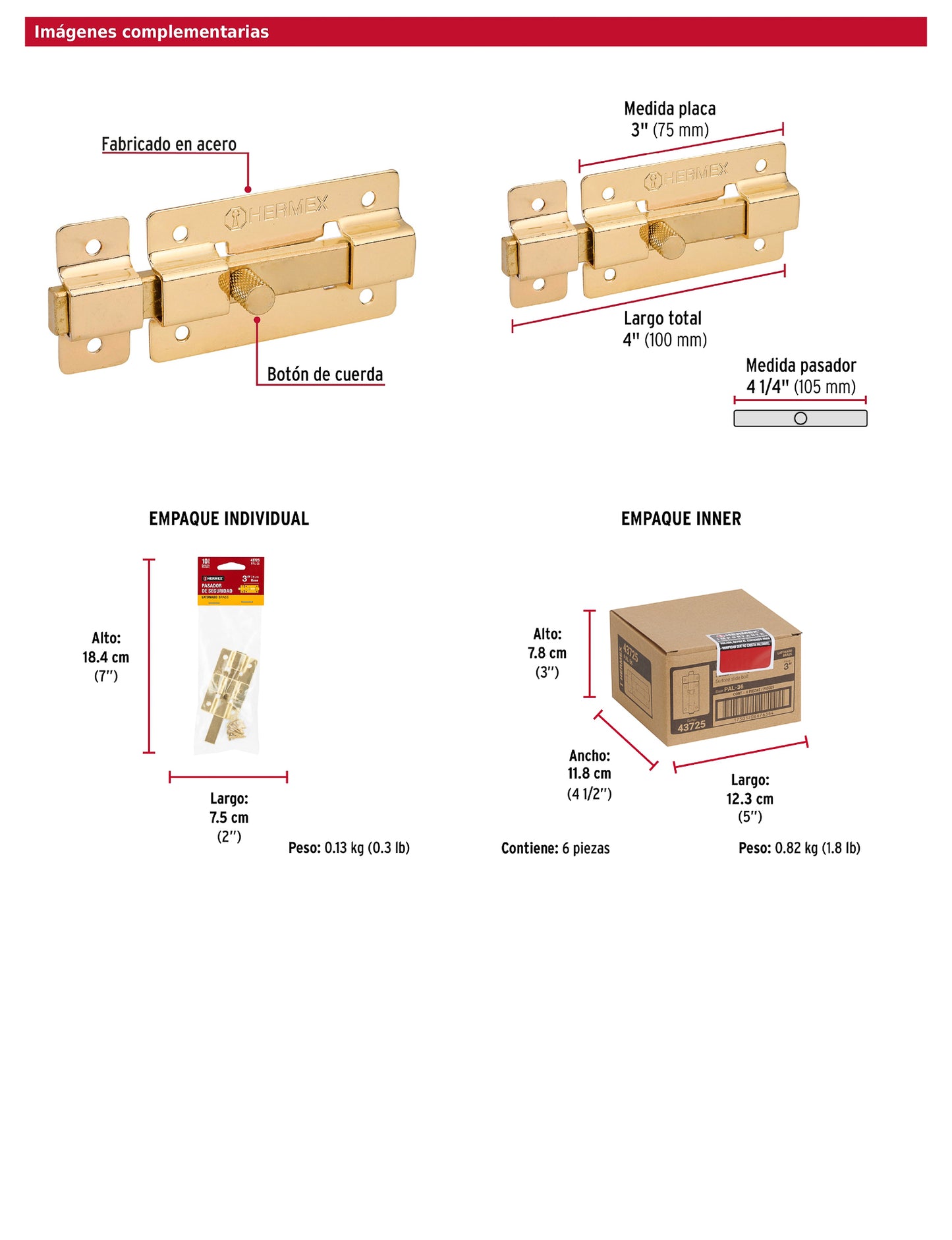 Pasador de barra plana 3 pulgadas acabado latón