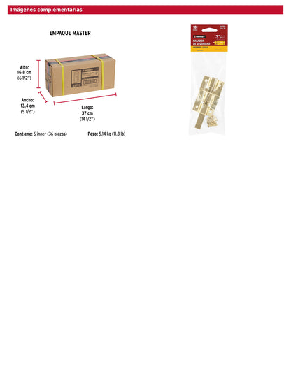 Pasador de barra plana 3 pulgadas acabado latón