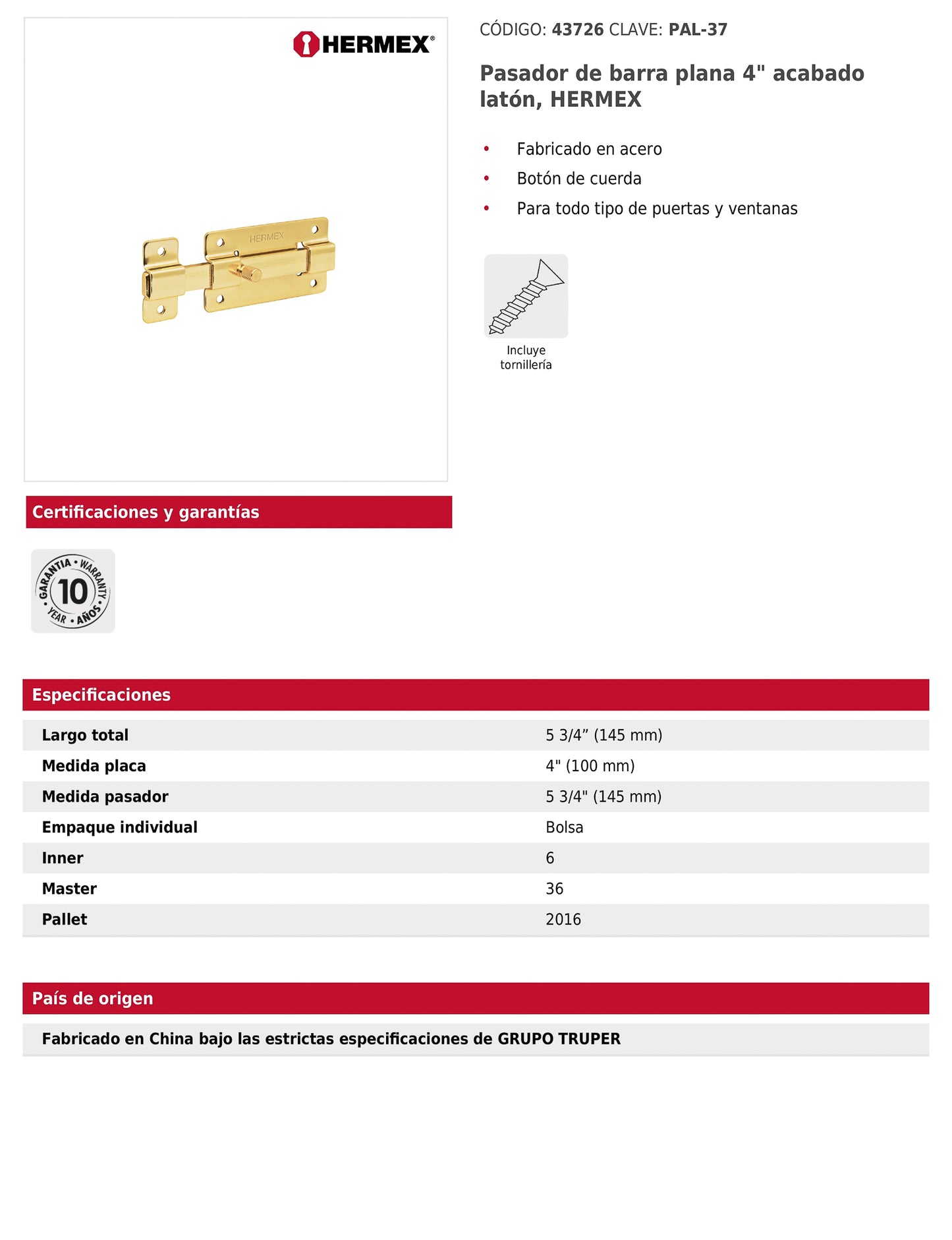 Pasador de barra plana 4 pulgadas acabado latón
