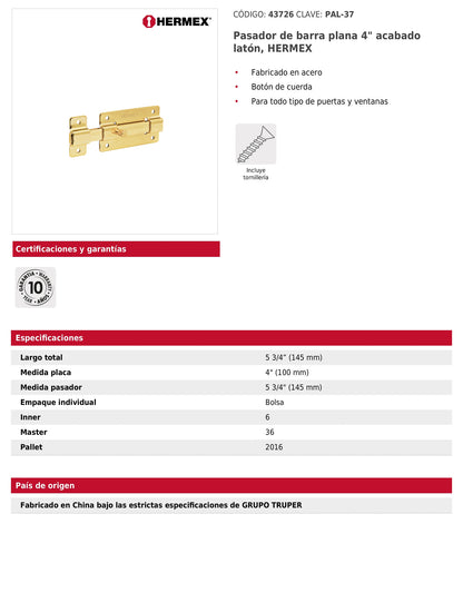 Pasador de barra plana 4 pulgadas acabado latón