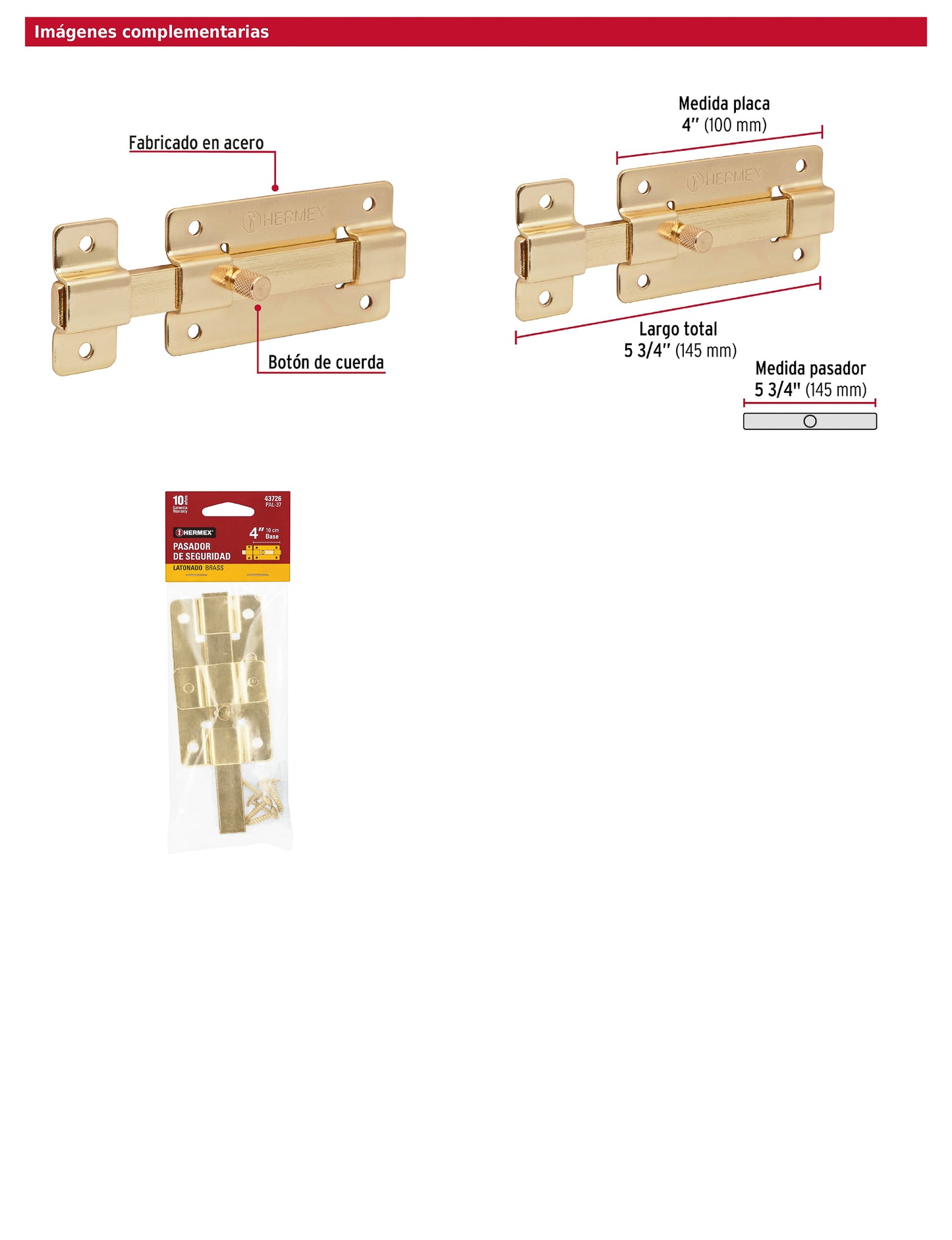 Pasador de barra plana 4 pulgadas acabado latón