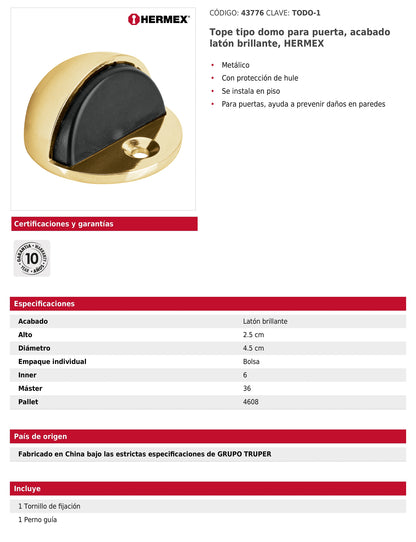 Tope tipo domo para puerta acabado latón brillante