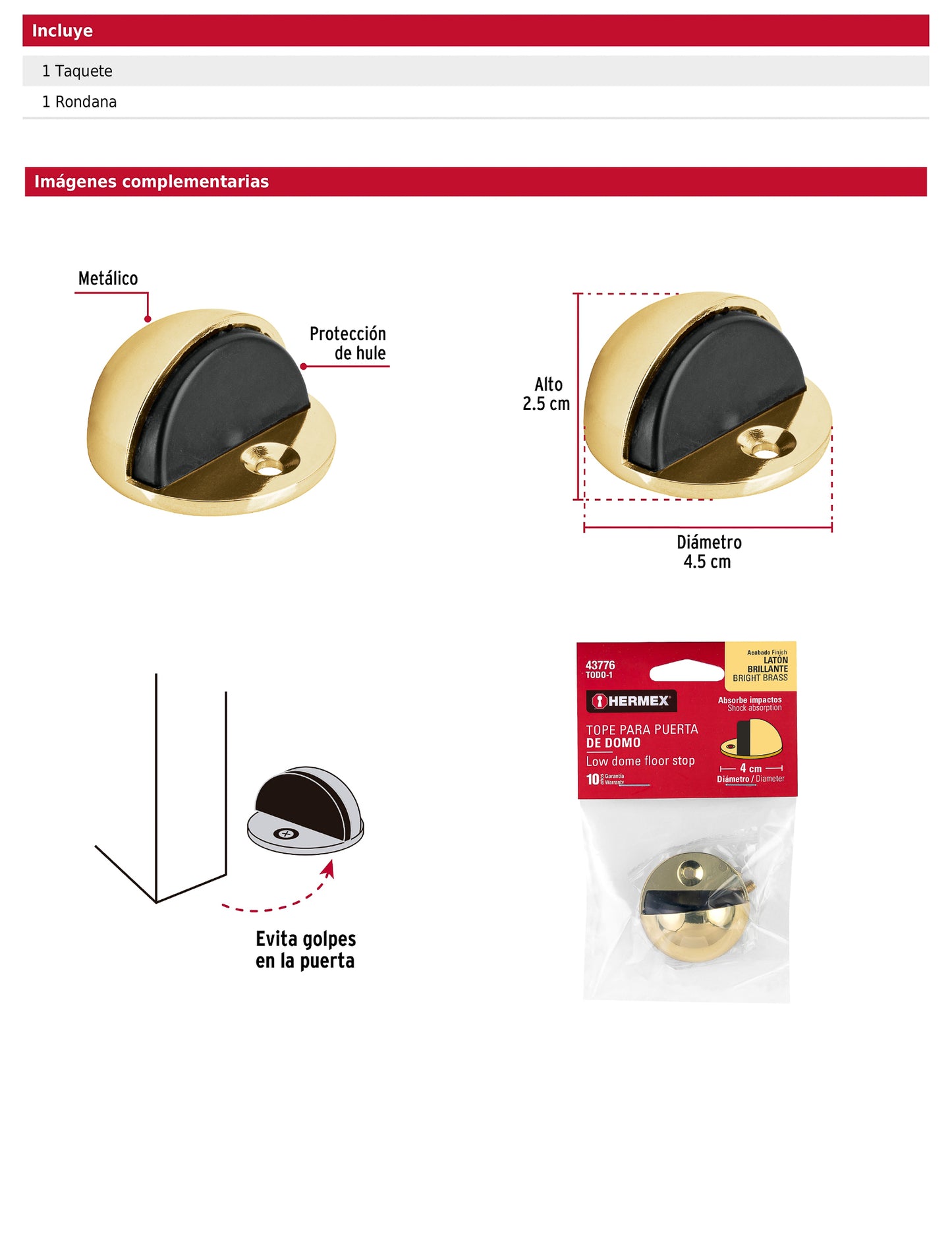 Tope tipo domo para puerta acabado latón brillante