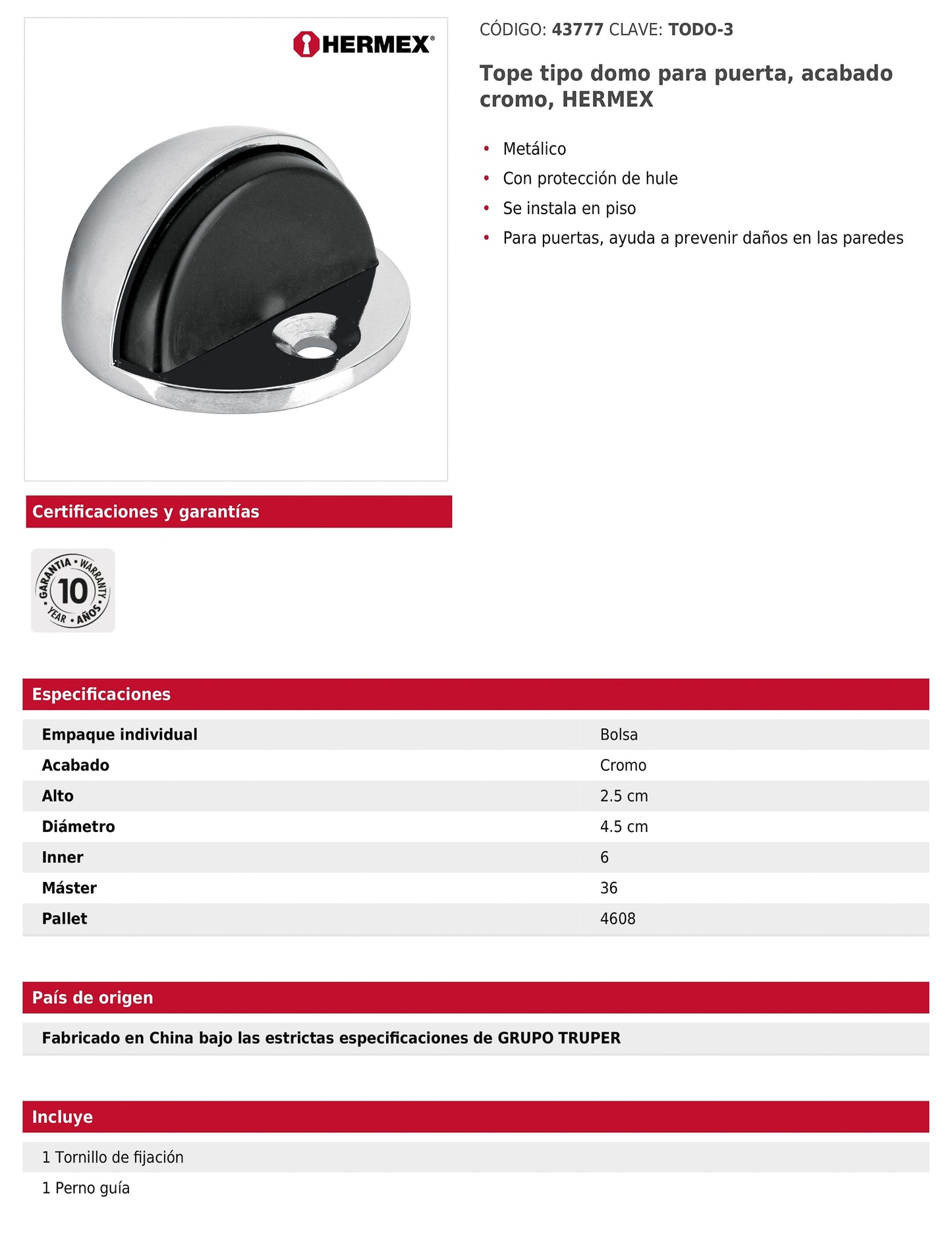 Tope tipo domo para puerta acabado cromo