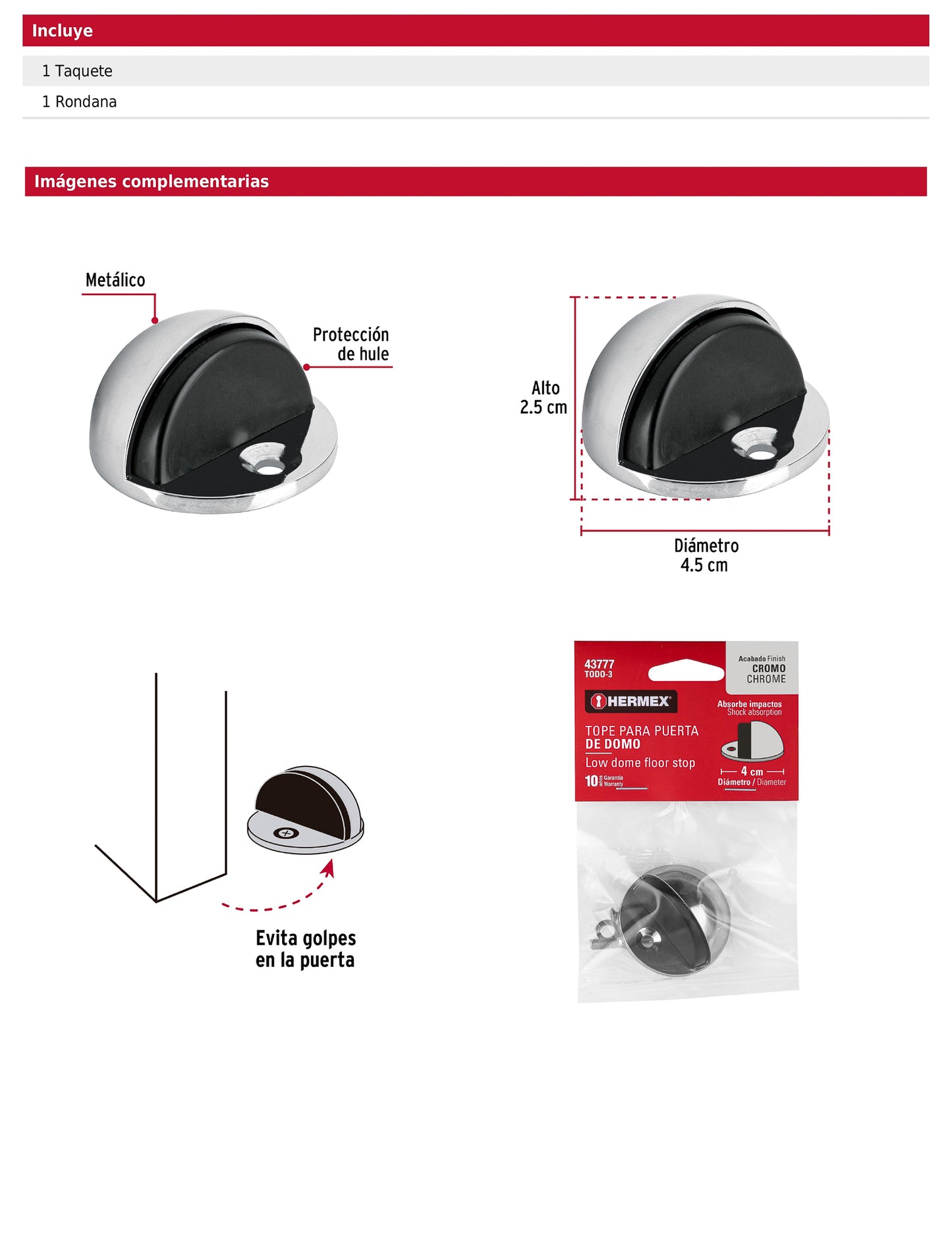 Tope tipo domo para puerta acabado cromo