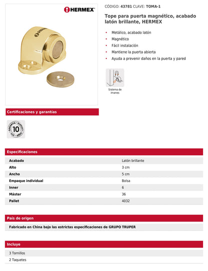 Tope para puerta magnético acabado latón brillante