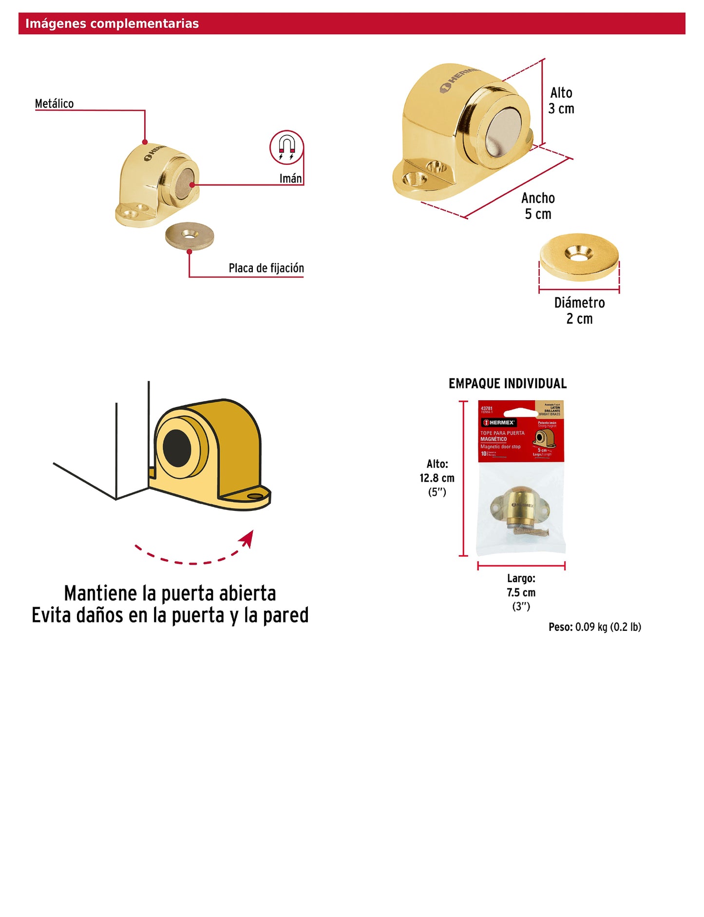 Tope para puerta magnético acabado latón brillante