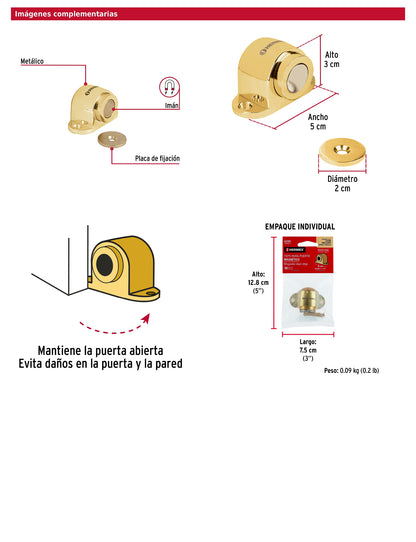 Tope para puerta magnético acabado latón brillante