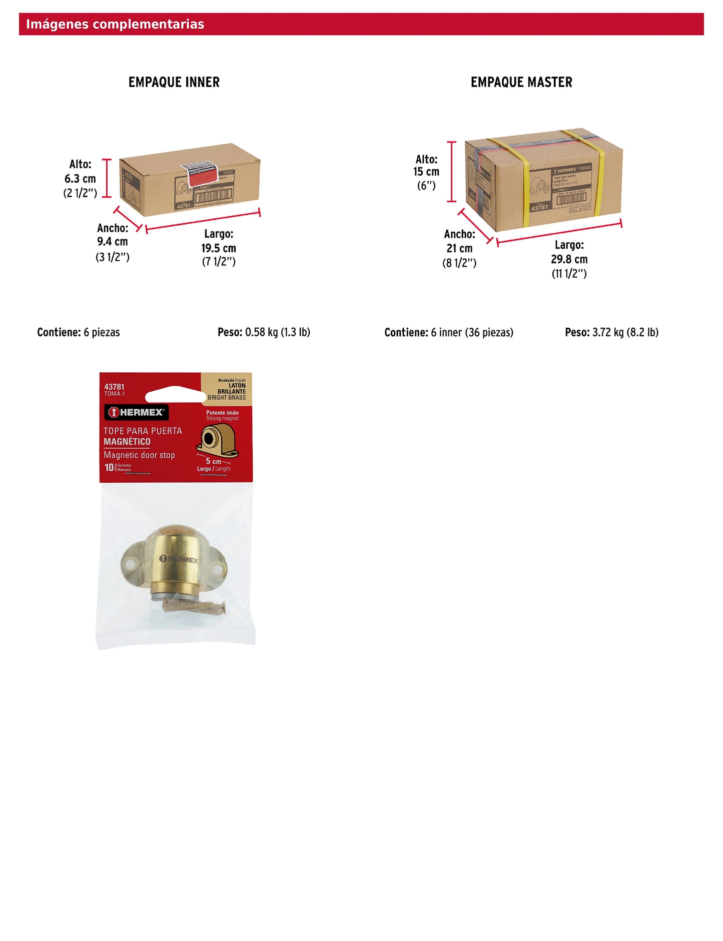 Tope para puerta magnético acabado latón brillante