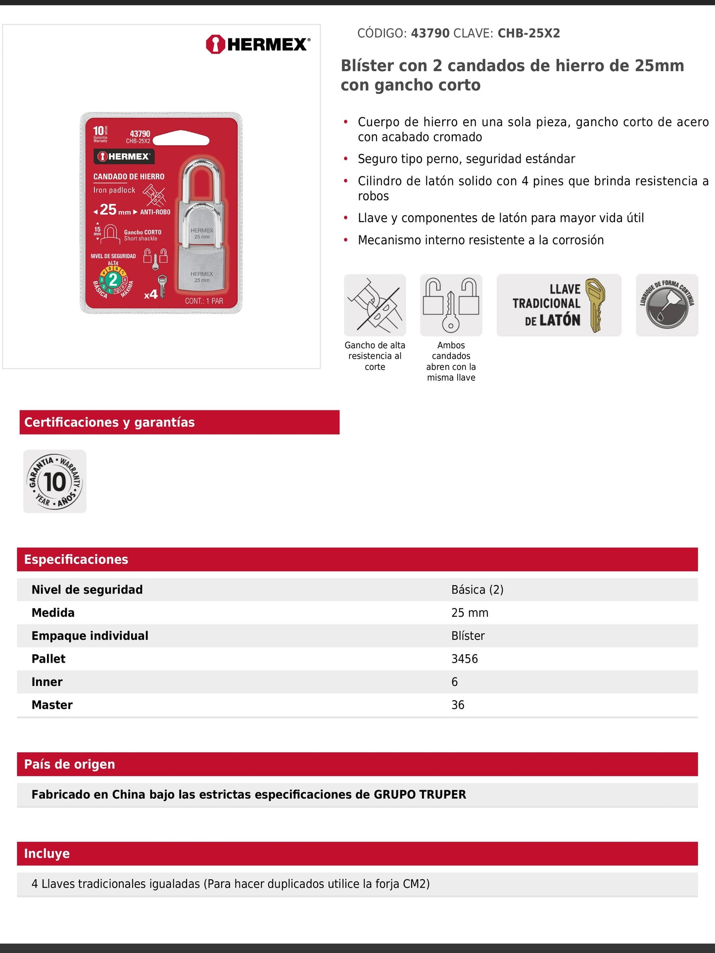 Blíster con 2 candados de hierro de 25 mm con gancho corto