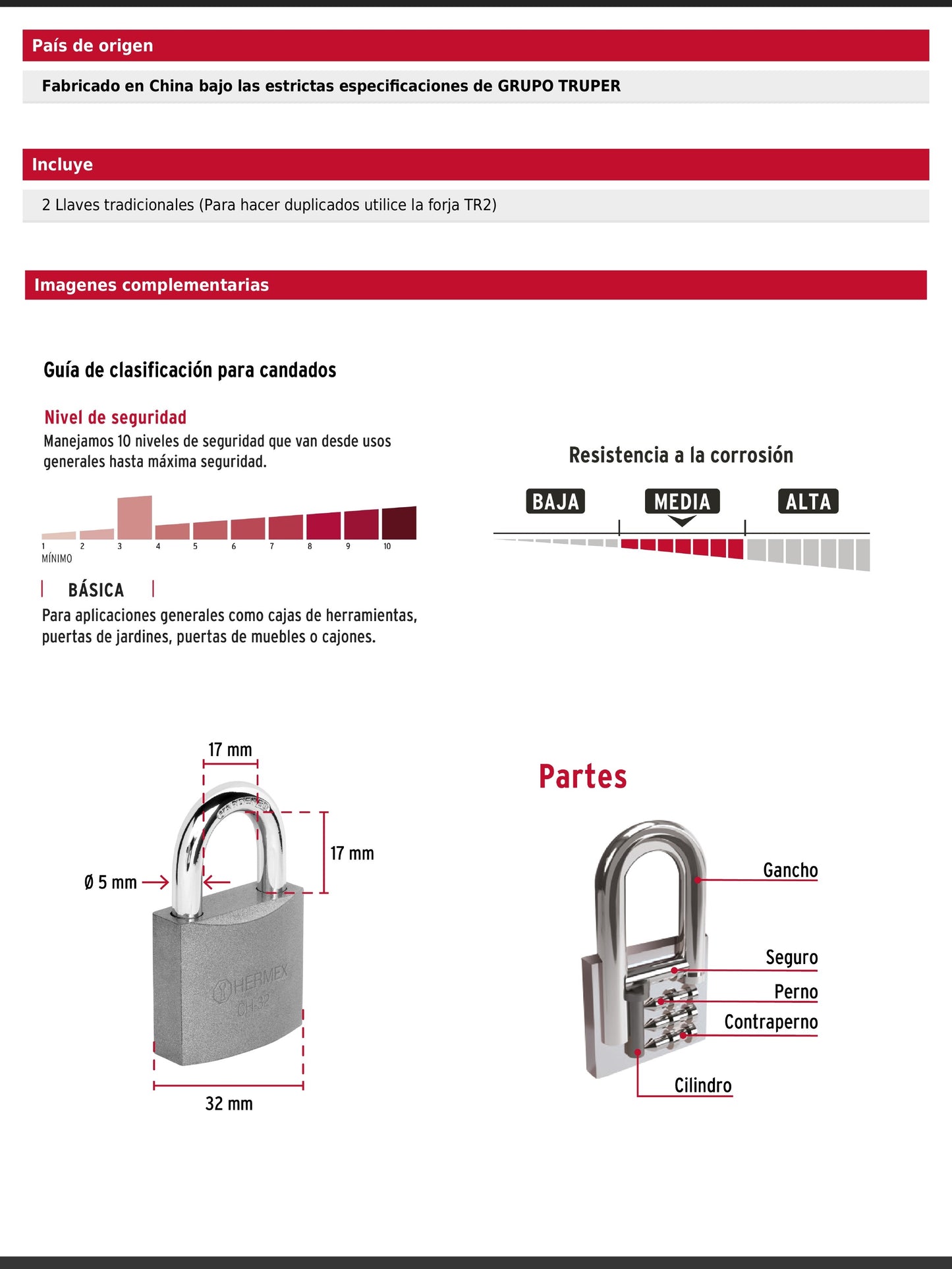 Candado de hierro de 32 mm con gancho corto