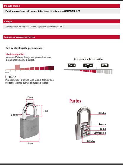 Candado de hierro de 32 mm con gancho corto