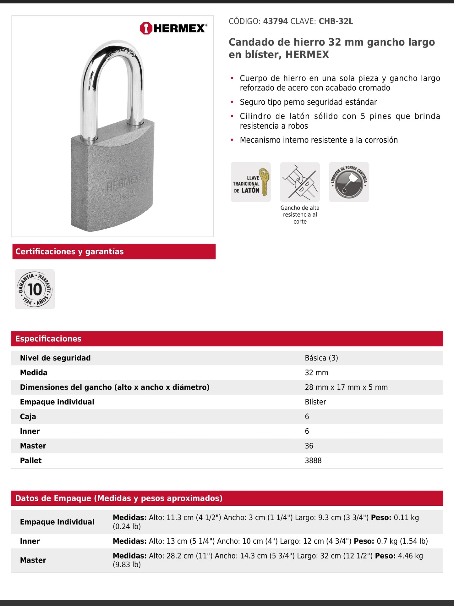 Candado de hierro de 32 mm con gancho largo