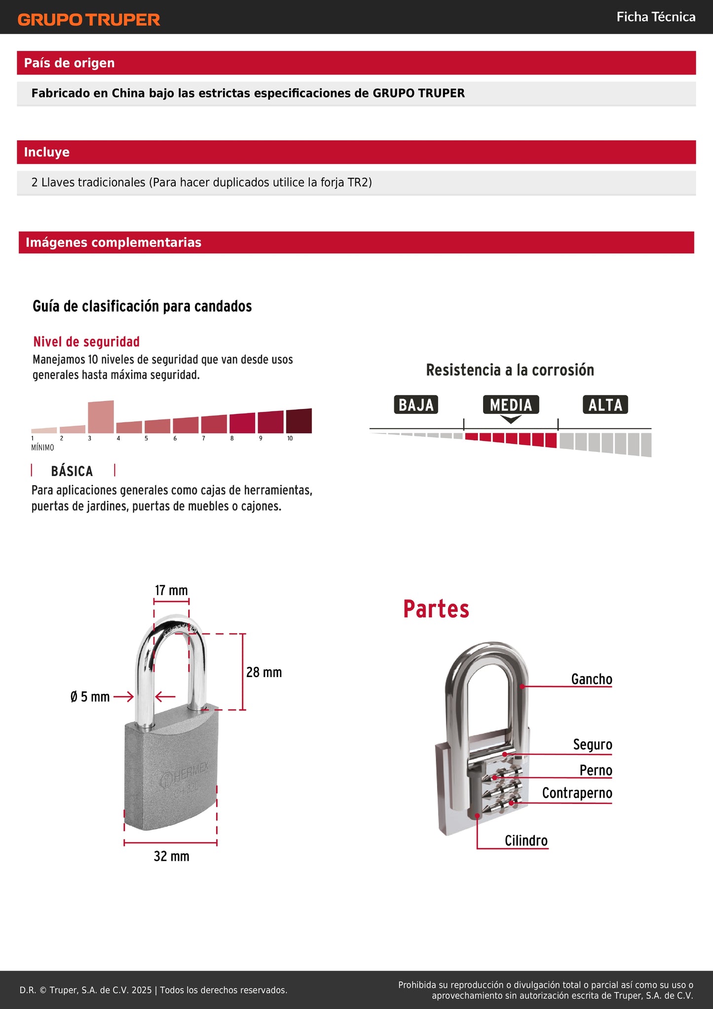 Candado de hierro de 32 mm con gancho largo