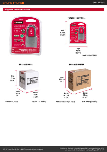 Candado de hierro de 32 mm con gancho largo