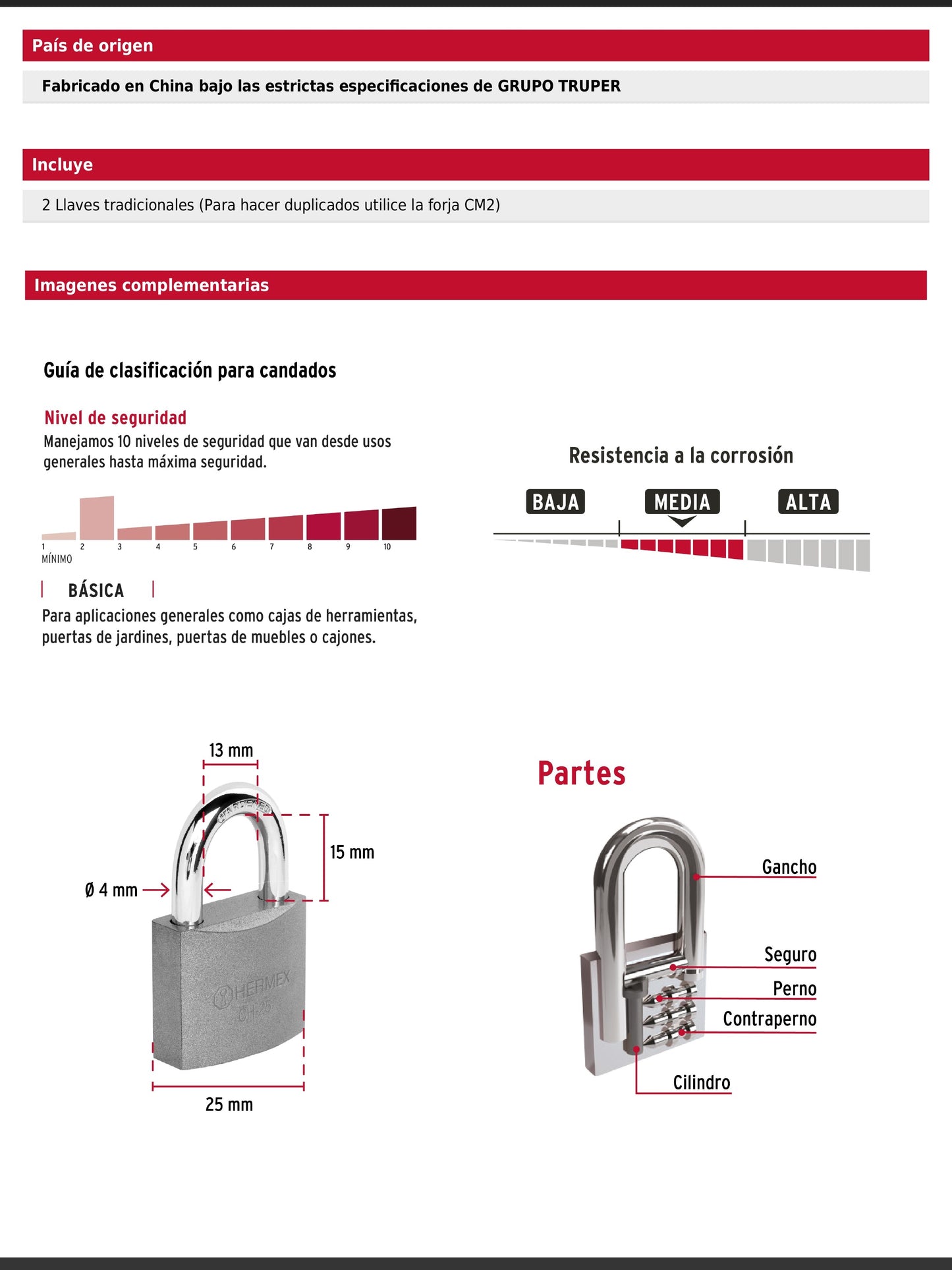 Candado de hierro de 25 mm con gancho corto