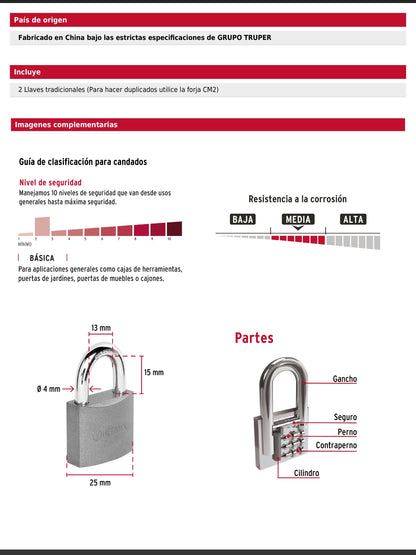 Candado de hierro de 25 mm con gancho corto