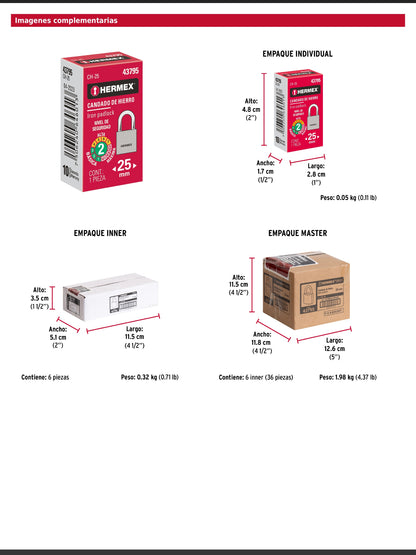 Candado de hierro de 25 mm con gancho corto