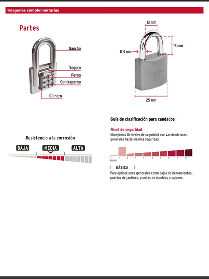 Candado de hierro de 25 mm con gancho corto