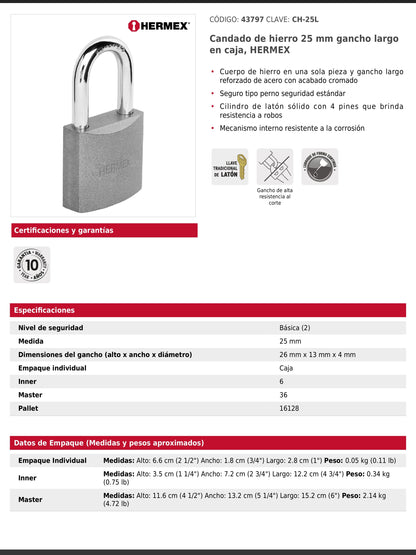 Candado de hierro de 25 mm con gancho largo