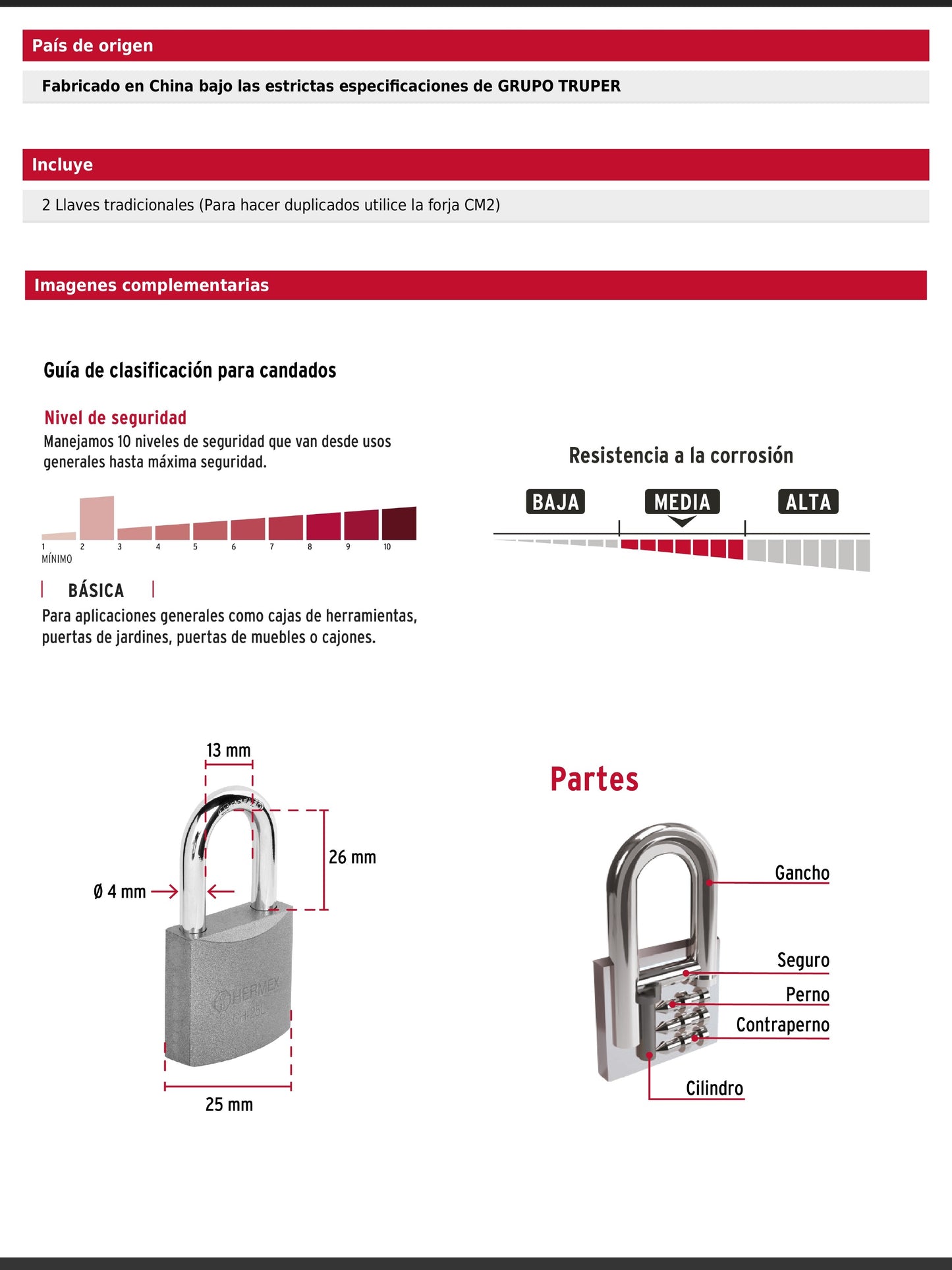 Candado de hierro de 25 mm con gancho largo
