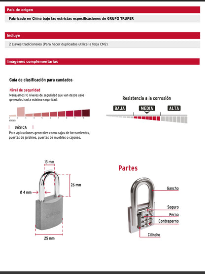 Candado de hierro de 25 mm con gancho largo