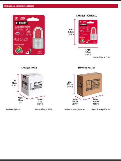 Candado de hierro de 25 mm con gancho largo