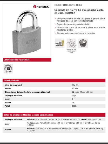Candado de hierro de 63 mm con gancho corto