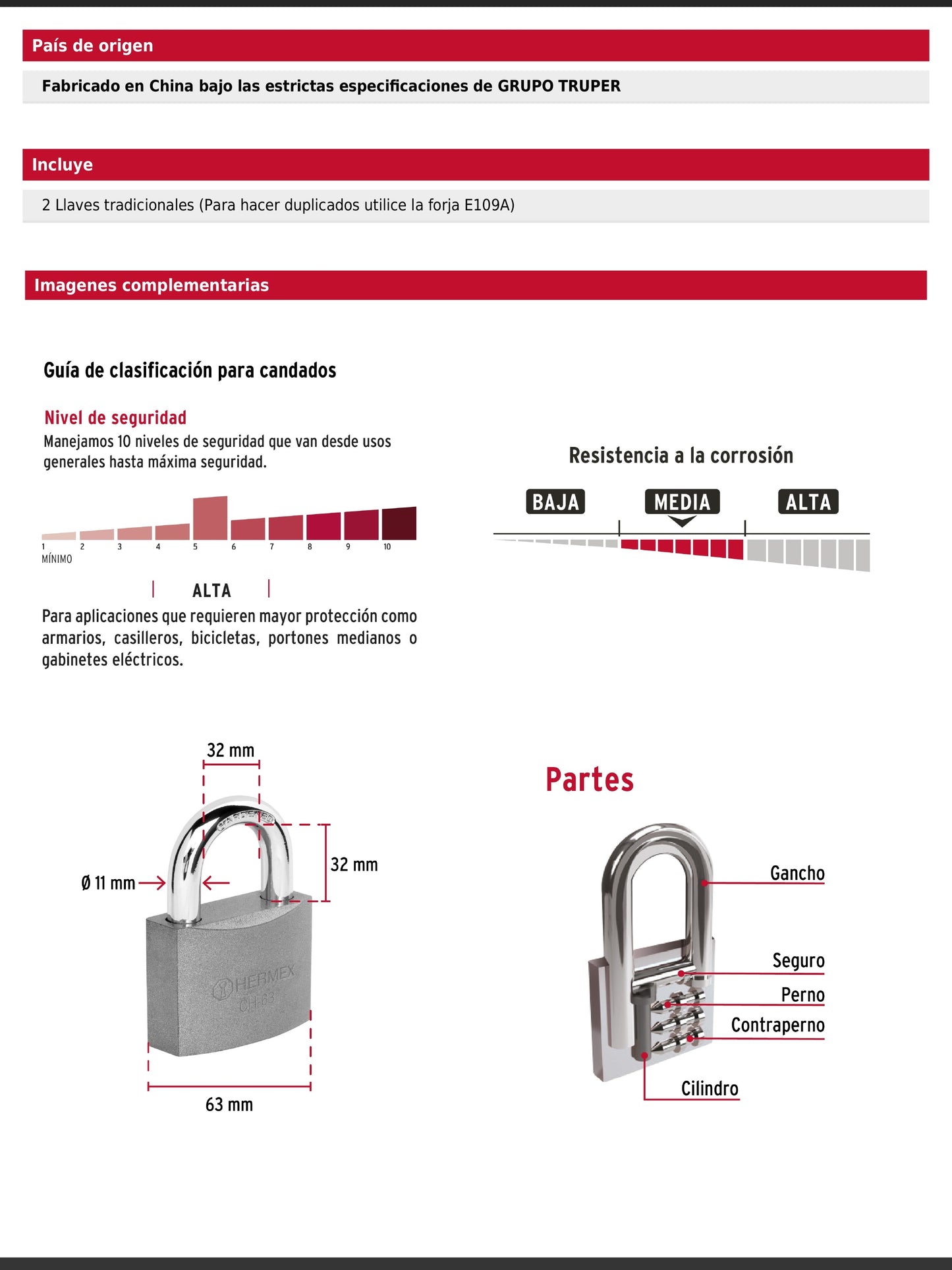 Candado de hierro de 63 mm con gancho corto