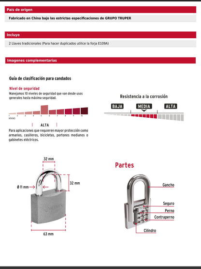 Candado de hierro de 63 mm con gancho corto