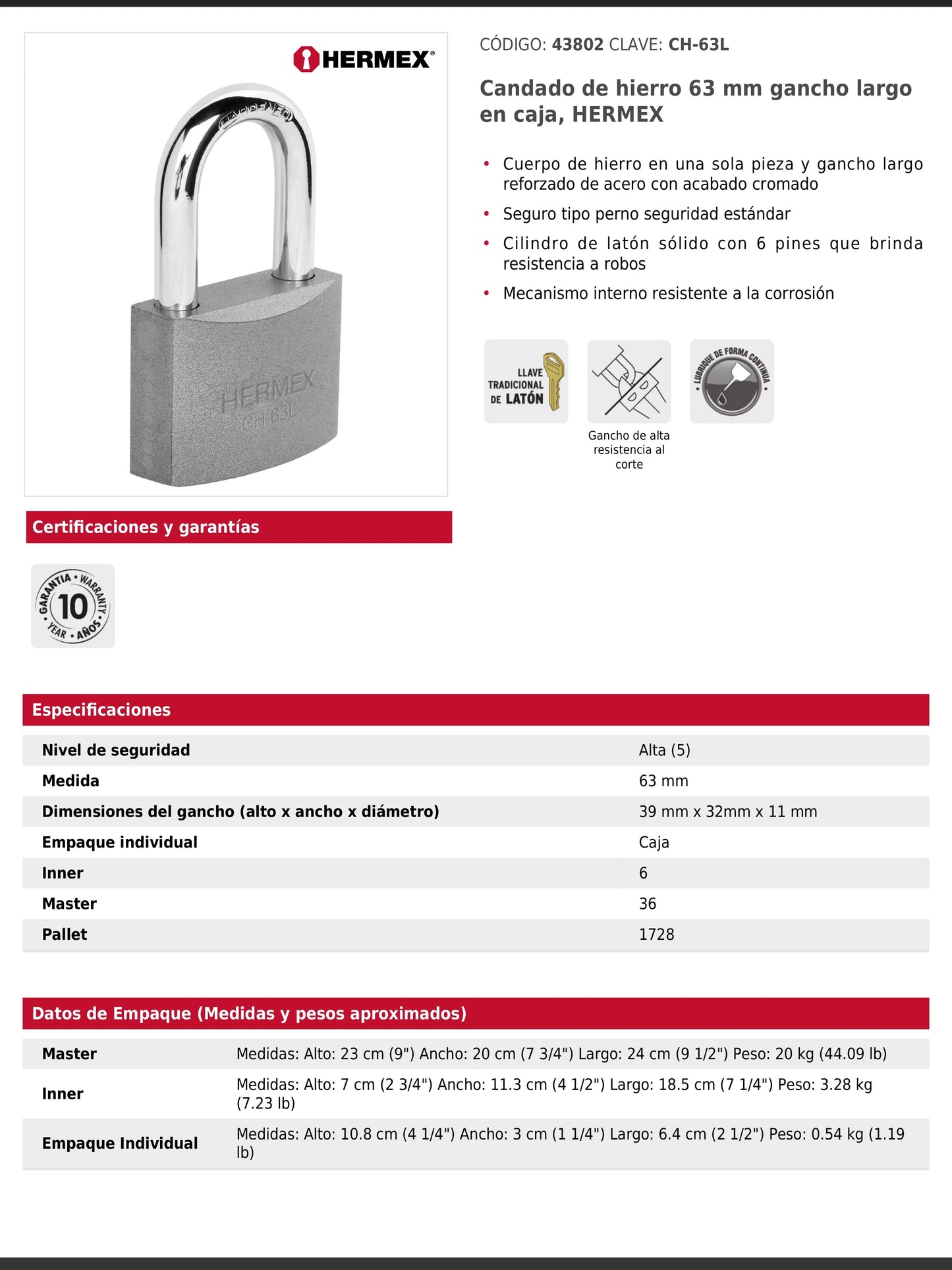 Candado de hierro de 63 mm con gancho largo